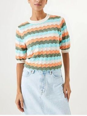 Garcia Stripe Scallop Knit Short-Sleeve Sweater - Aqua Peach Olive Cream
